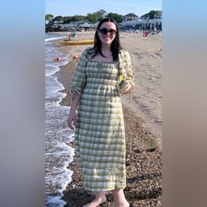 Faithfull the Brand Olive Green Plaid Smocked Midi Dress